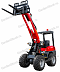 Красный Kubota с высоко поднятыми вилами